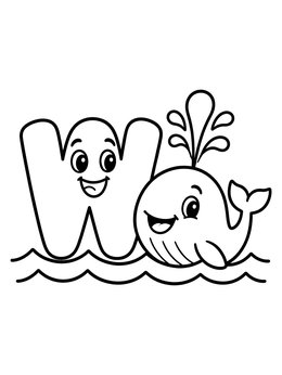 Free printable Friendly Letter W And Spouting Whale coloring page