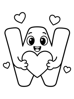 A cheerful cartoon letter W coloring page holding a big heart surrounded by small floating hearts.