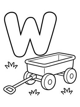 A big letter W coloring page with a classic toy wagon on the grass.
