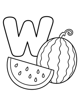 A bold capital letter W coloring page next to a whole watermelon and a slice.