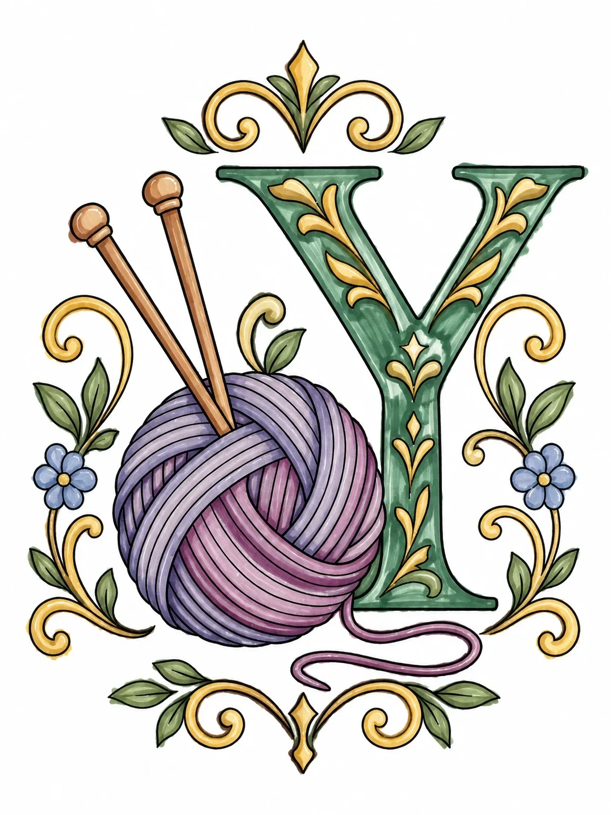 Colored example of the Decorative Letter Y With Yarn Ball coloring page