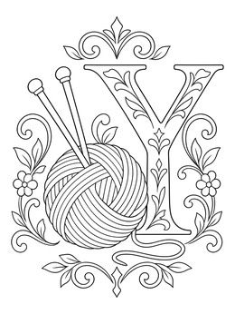An ornate letter Y coloring page featuring a ball of yarn, knitting needles, and botanical flourishes.