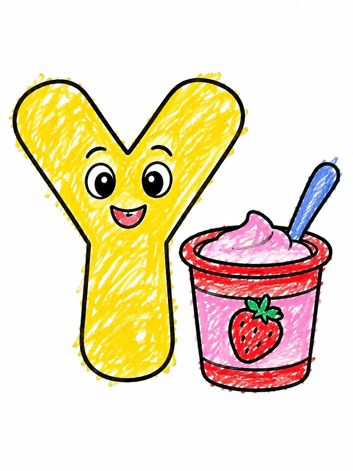Colored example of the Letter Y With Strawberry Yogurt Cup coloring page