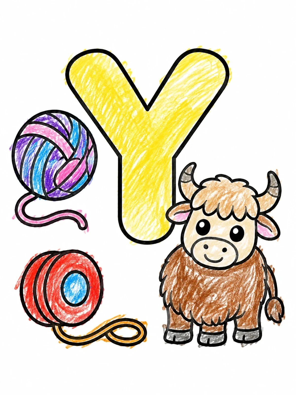 Colored example of the Letter Y With Yak, Yarn, And Yo Yo coloring page