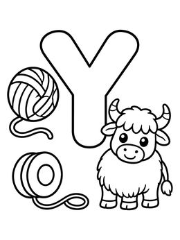 Free printable Letter Y With Yak, Yarn, And Yo Yo coloring page