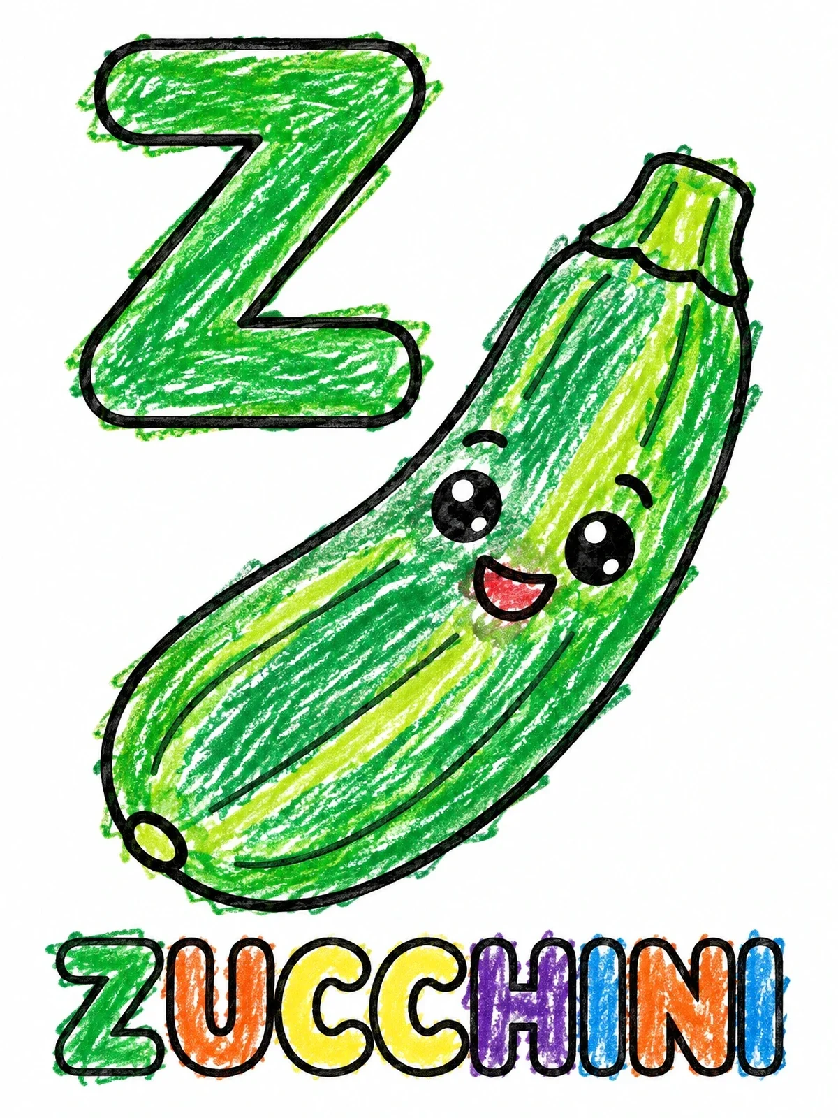 Colored example of the Letter Z Cute Zucchini Flashcard coloring page