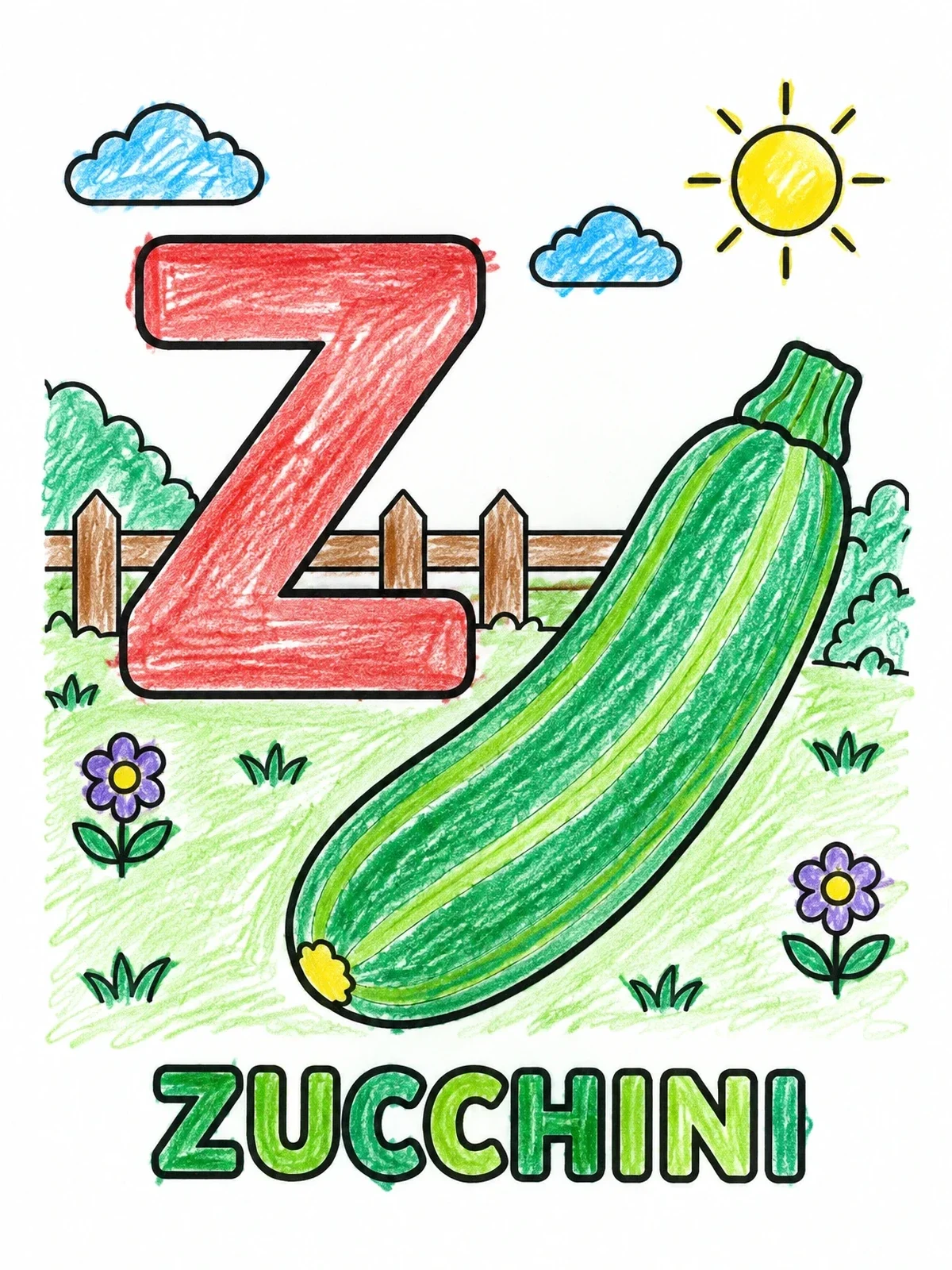Colored example of the Letter Z With Fresh Zucchini coloring page