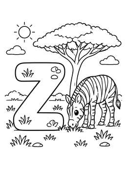 Free printable Letter Z With Grazing Zebra coloring page