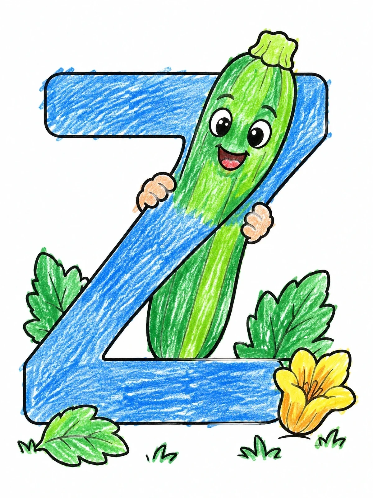 Colored example of the Letter Z With Happy Zucchini coloring page