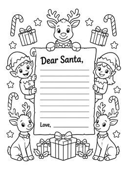 A festive letters to santa coloring page template bordered by cute reindeer and elves.