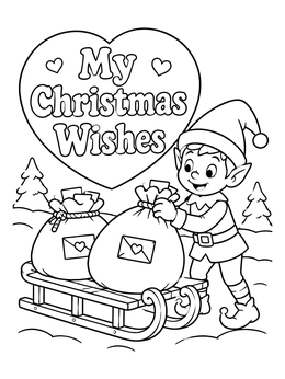 Free printable Cheerful Elf Loading Christmas Mail Sled coloring page