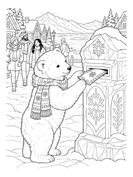 A letters to santa coloring page with a cute polar bear cub slipping a decorated envelope into an ice mailbox.