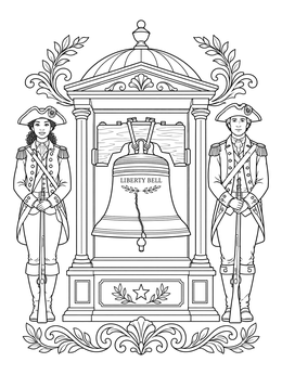 Two colonial guards flank the historic Liberty Bell in this detailed bell coloring page.