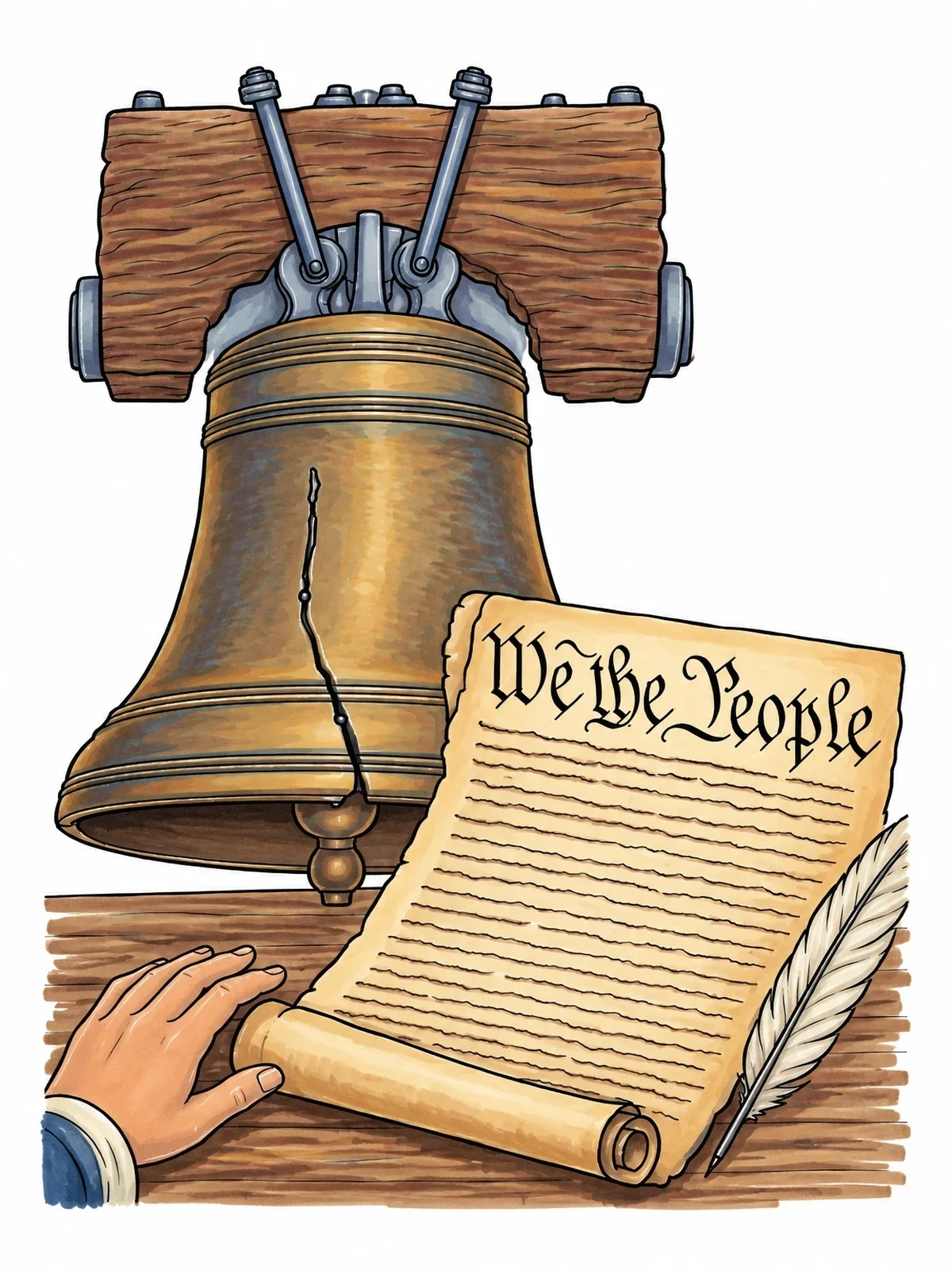 Colored example of the Liberty Bell And Constitution Scroll coloring page