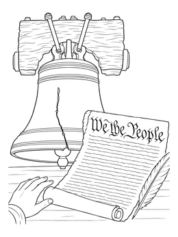 Liberty Bell and Constitution scroll on this Constitution Day coloring page.