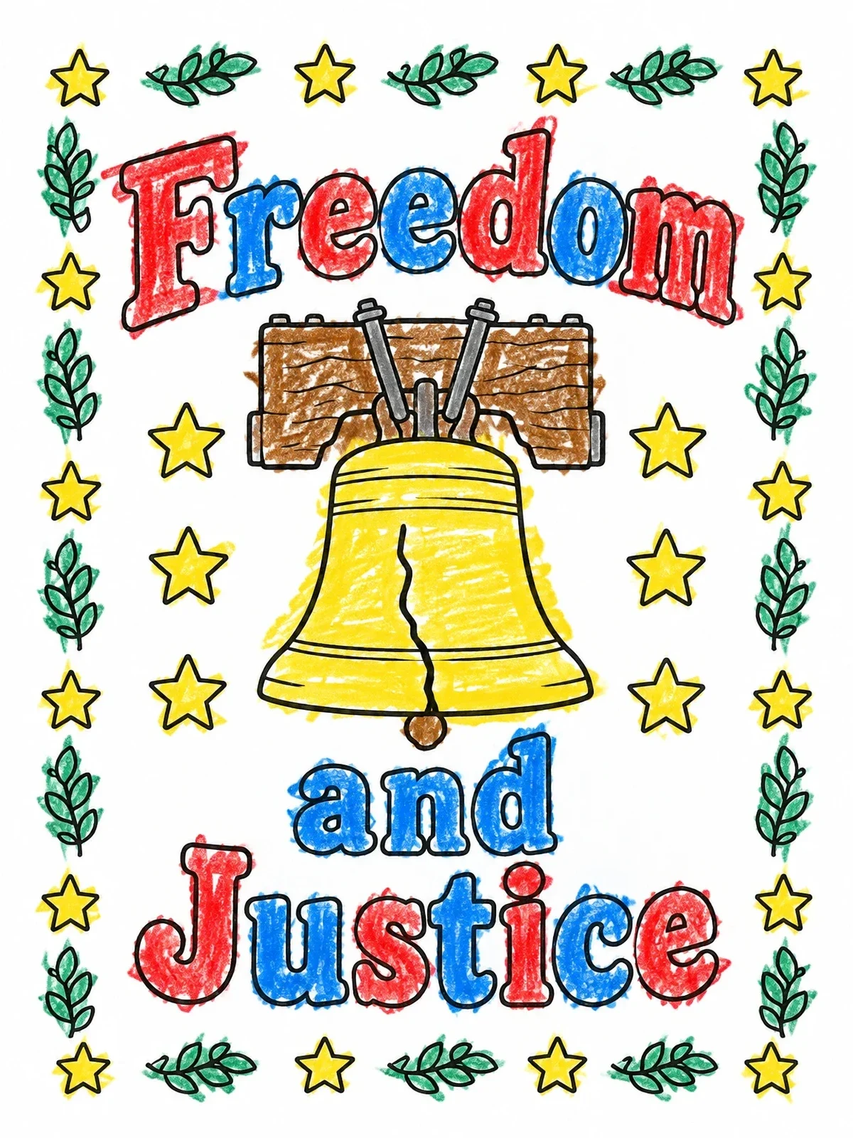 Colored example of the Liberty Bell With Freedom And Justice Text coloring page