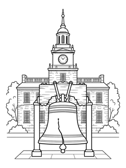 A historic Liberty Bell coloring page featuring Independence Hall in the background.