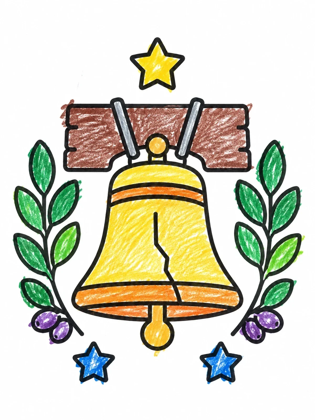 Colored example of the Liberty Bell With Olive Branches coloring page