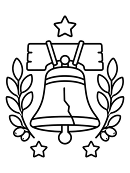 Historic Liberty bell coloring page framed with olive branches and stars.