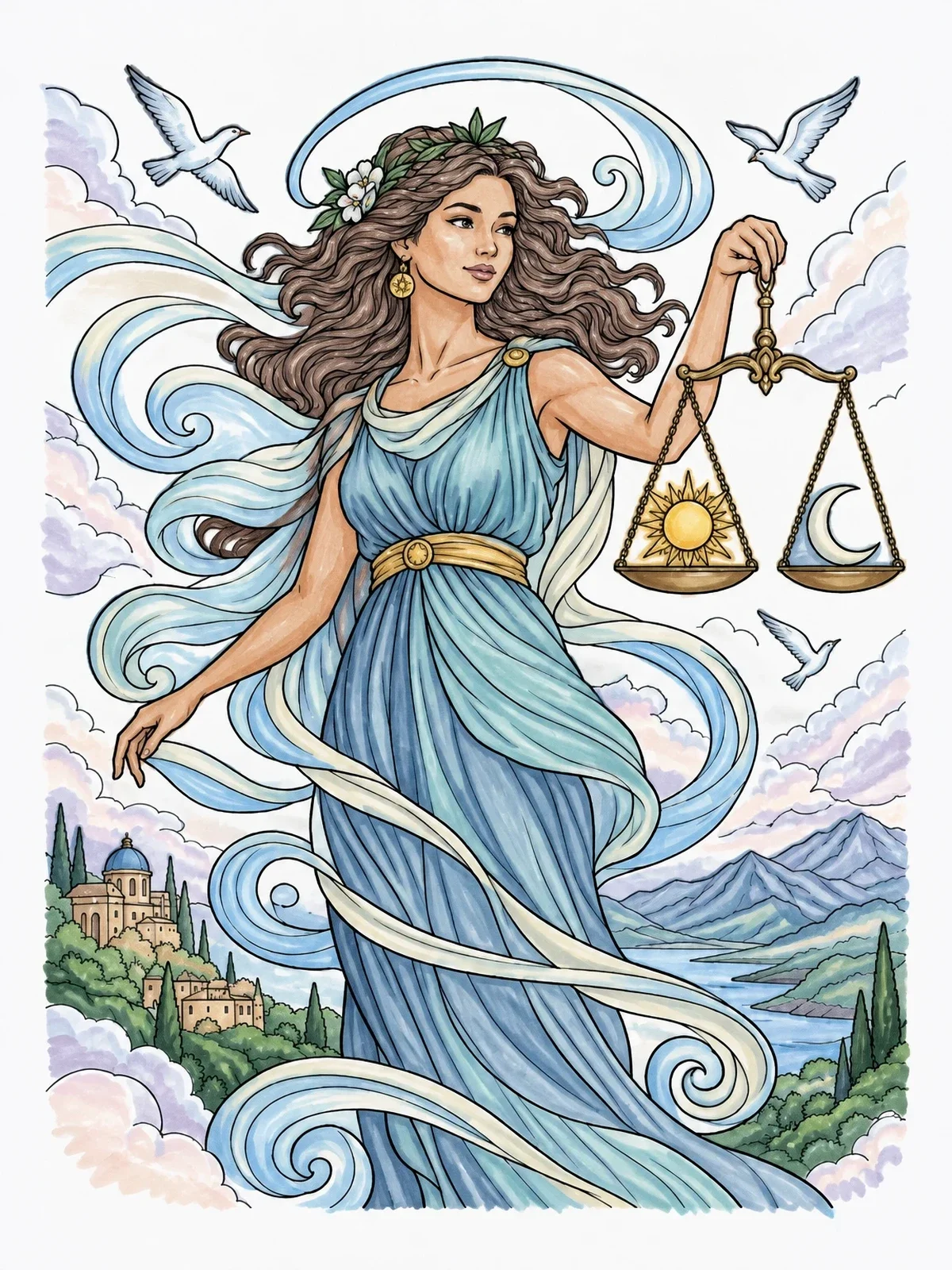 Colored example of the Libra Goddess With Celestial Scales coloring page