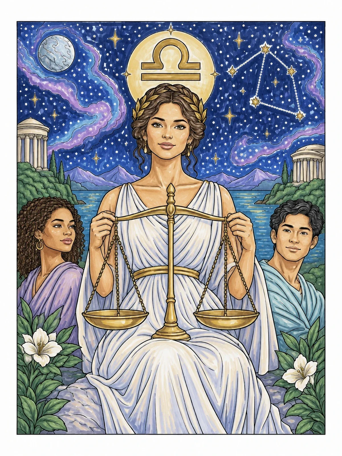 Colored example of the Celestial Libra Goddess Of Balance coloring page