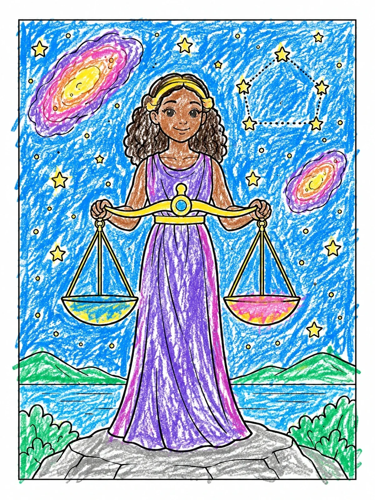 Colored example of the Libra Maiden With Balance Scales coloring page