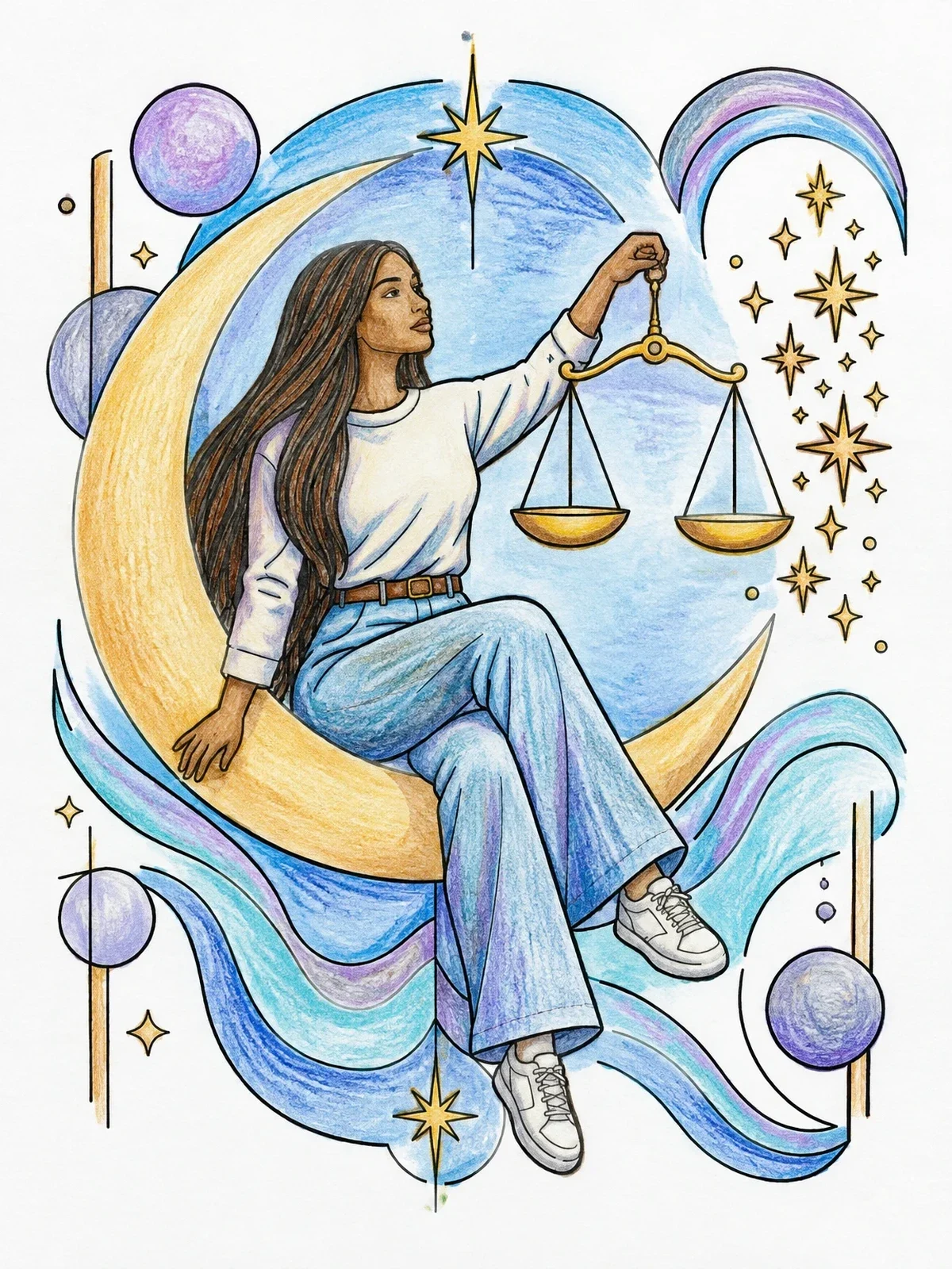 Colored example of the Libra Woman On Crescent Moon coloring page