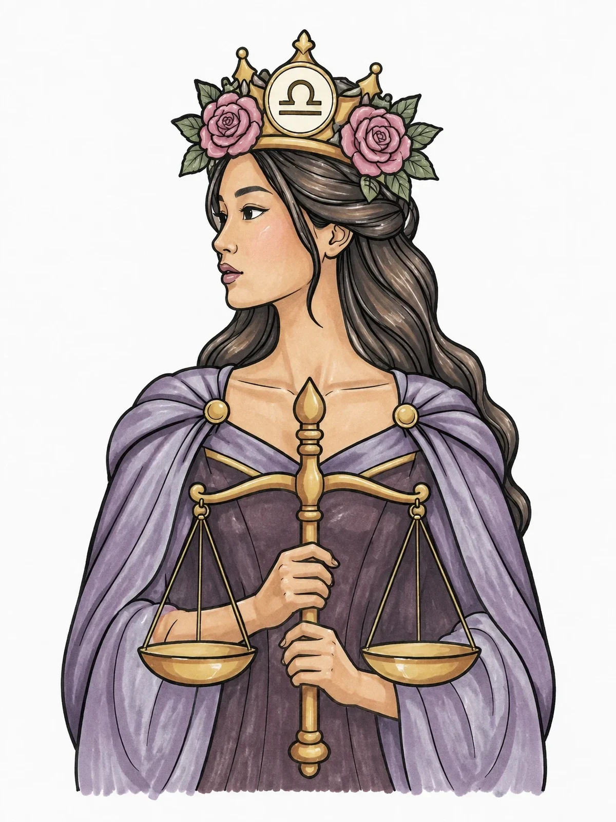 Colored example of the Libra Zodiac Queen With Scales coloring page