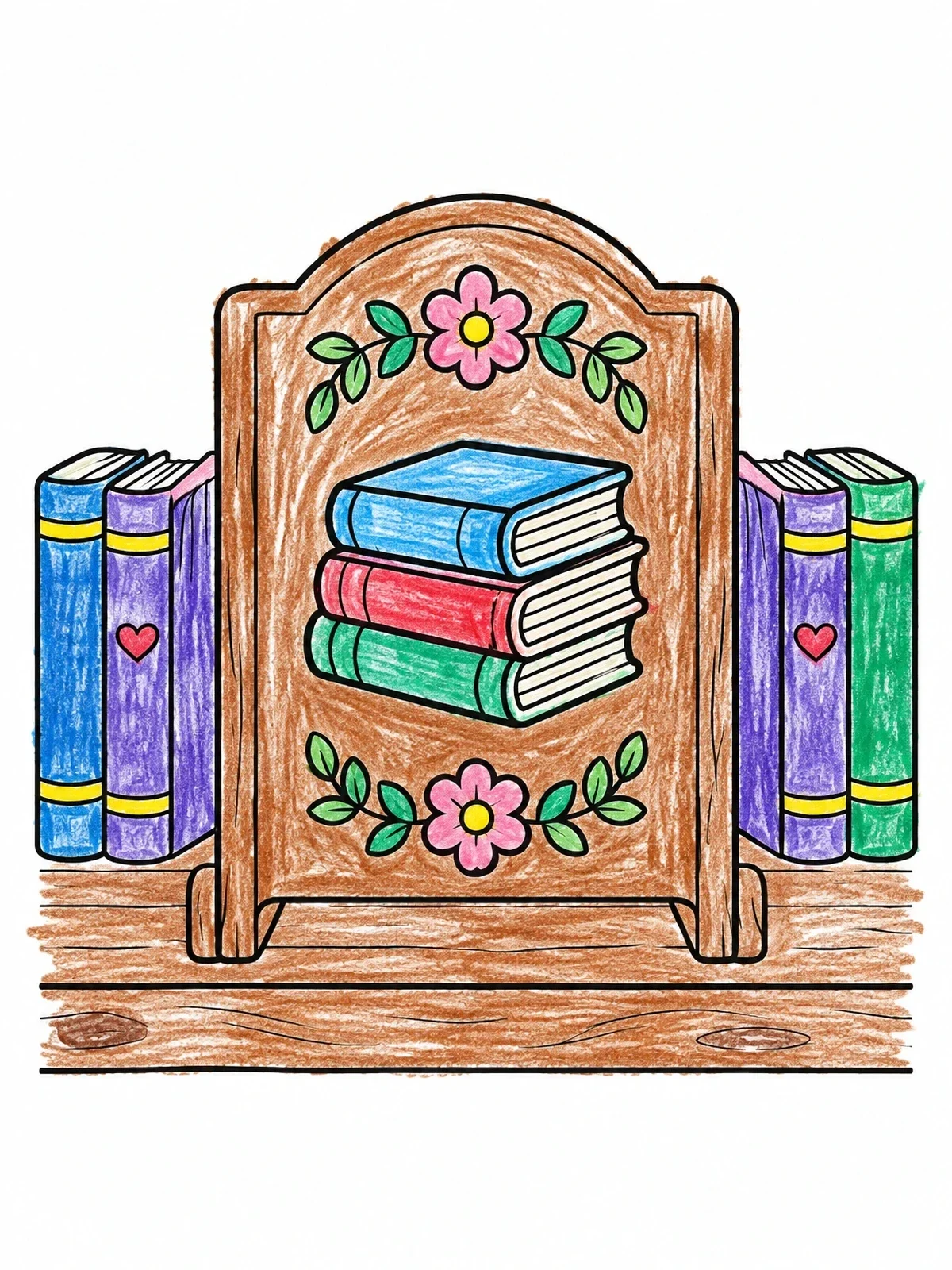 Colored example of the Library Bookshelf Divider With Flowers coloring page