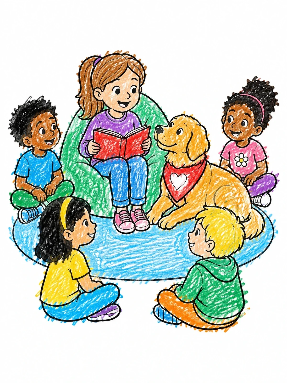 Colored example of the Children Reading With Therapy Dog coloring page