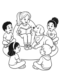 Free printable Children Reading With Therapy Dog coloring page