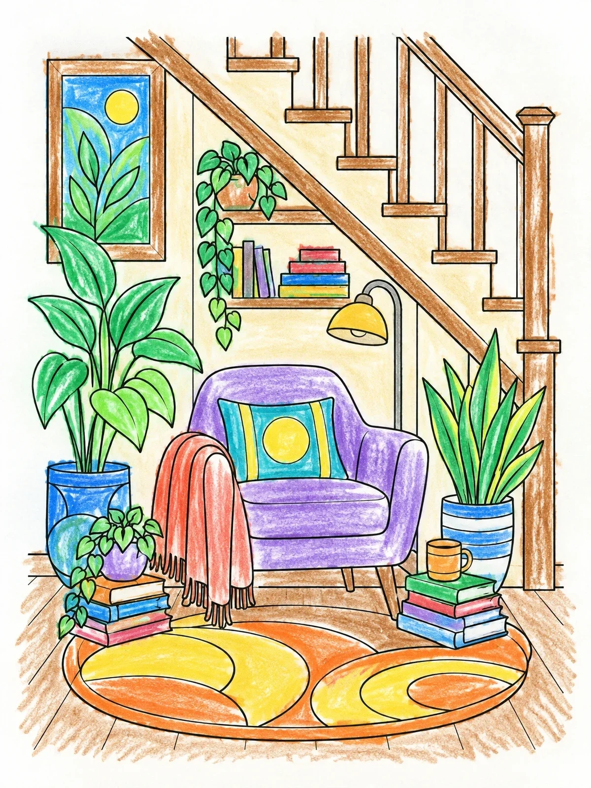Colored example of the Cozy Reading Nook Under The Stairs coloring page
