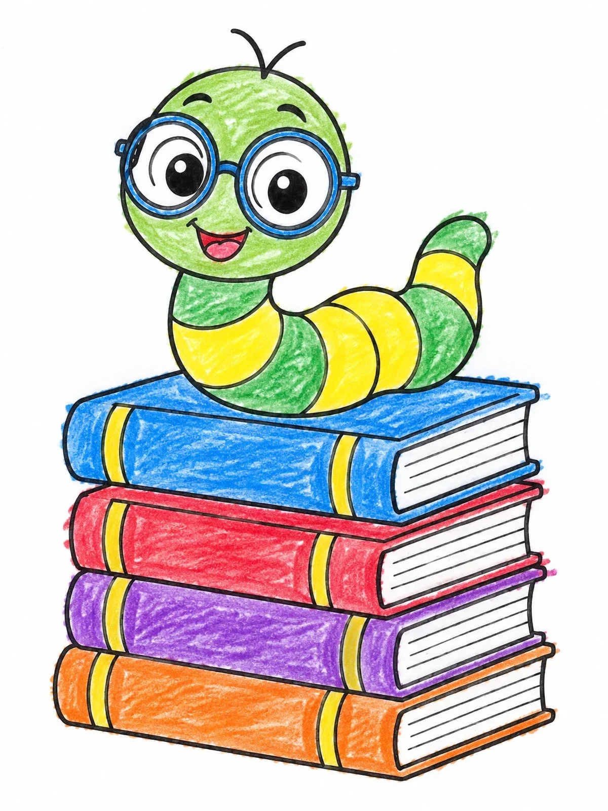 Colored example of the Cute Bookworm On Stack Of Books coloring page