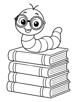 Free printable Cute Bookworm On Stack Of Books coloring page