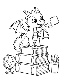 Free printable Cute Dragon On Stack Of Books coloring page