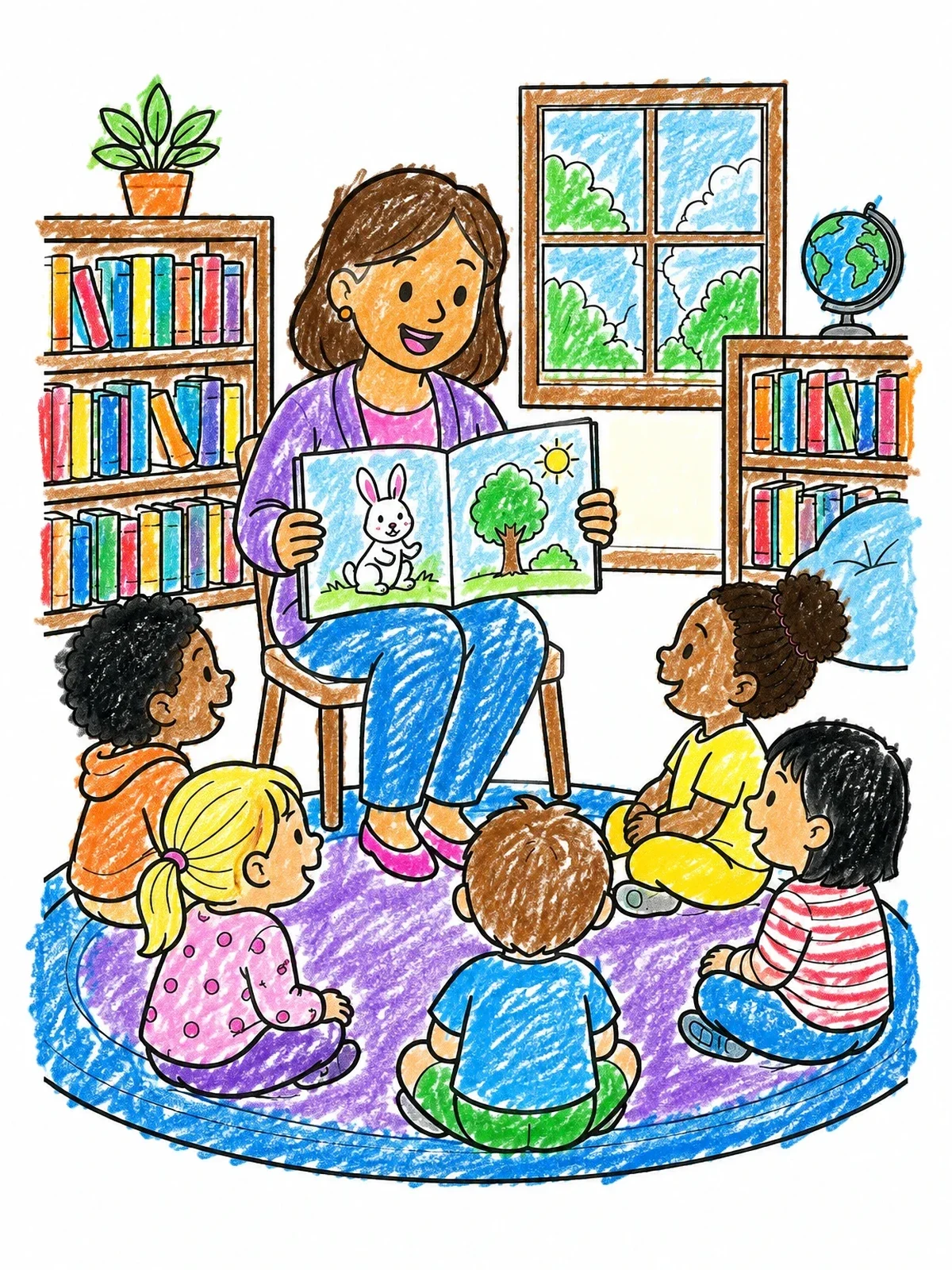 Colored example of the Library Storytime With Children coloring page