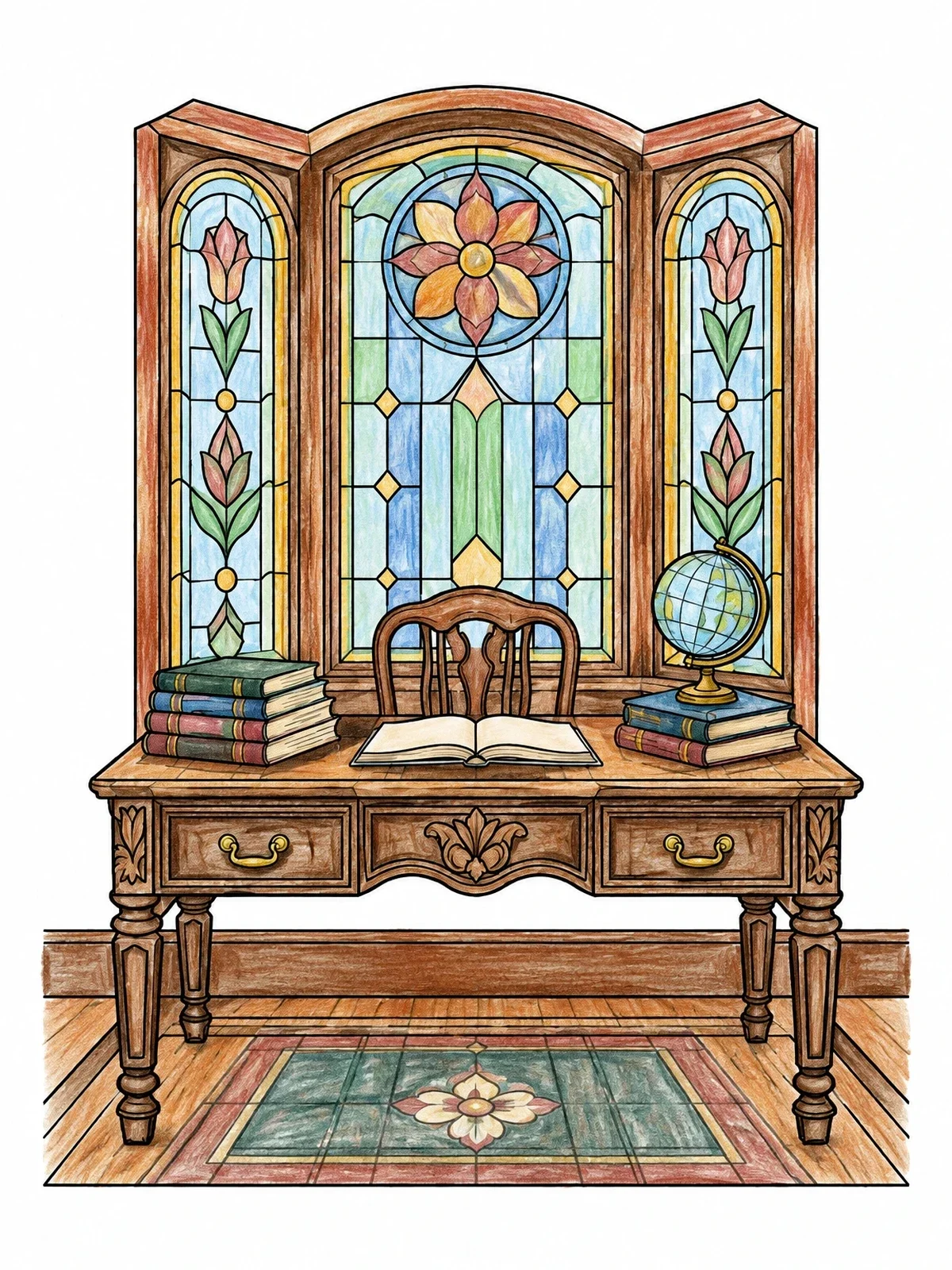 Colored example of the Library Study Desk With Stained Glass coloring page
