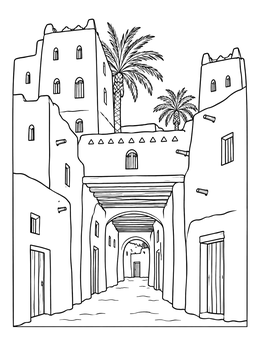 Historic alleyway of Ghadames in this libya coloring page