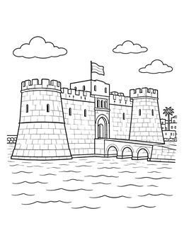 A historic seaside fortress stands by the water in this Libya coloring page.