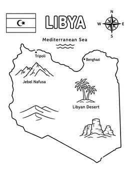 Free printable Libya Map With Landmarks And Flag coloring page