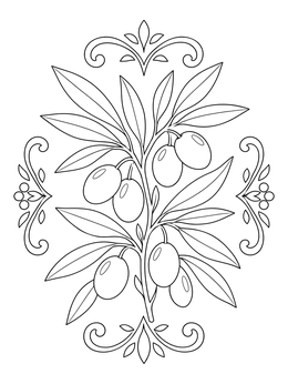 An ornate libya coloring page displaying an olive branch with leaves and decorative borders.