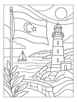 A detailed libya coloring page featuring the national flag fluttering beside a coastal lighthouse.