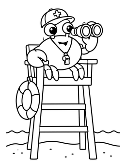 A friendly lifeguard crab coloring page showing a crab on a tower with binoculars and whistle.