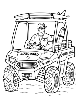 A lifeguard driving an all-terrain vehicle in this detailed lifeguard coloring page.