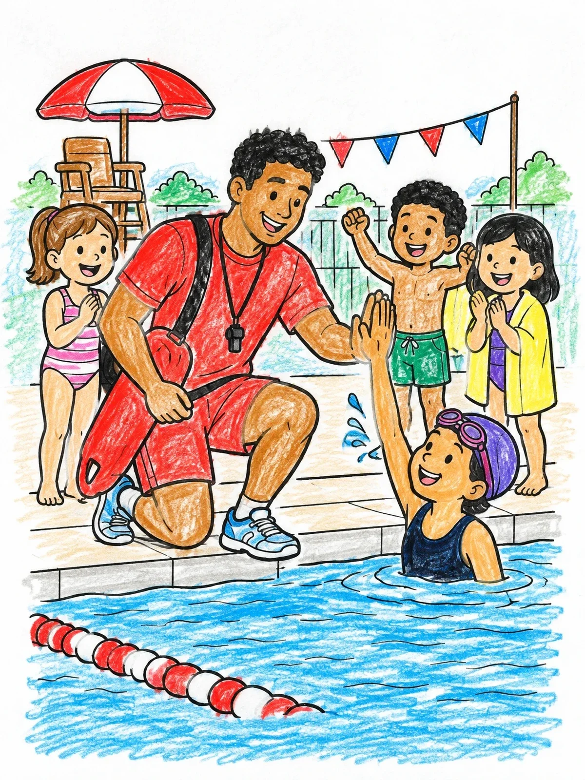 Colored example of the Lifeguard High Fiving Young Swimmer coloring page