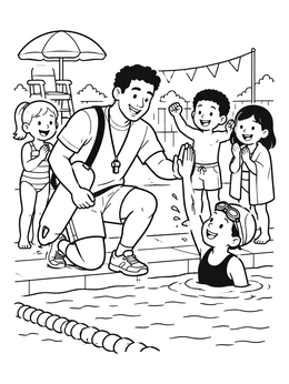 Free printable Lifeguard High Fiving Young Swimmer coloring page