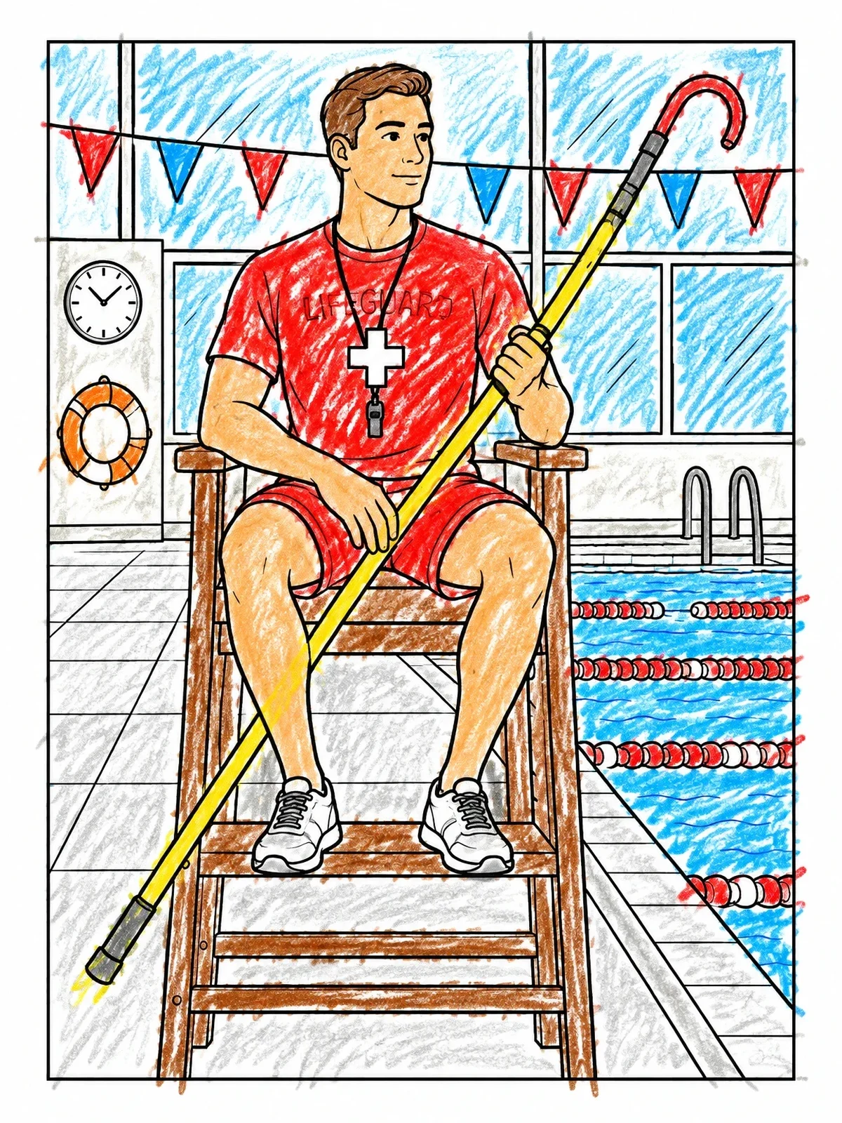 Colored example of the Lifeguard On High Chair By Indoor Pool coloring page