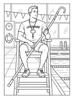 A detailed lifeguard coloring page showing a guard holding a rescue pole by an indoor pool.