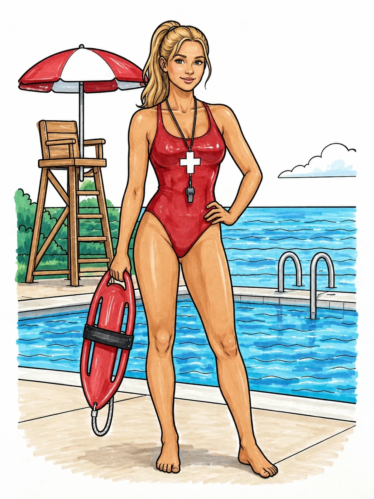 Colored example of the Lifeguard On Duty By The Pool coloring page
