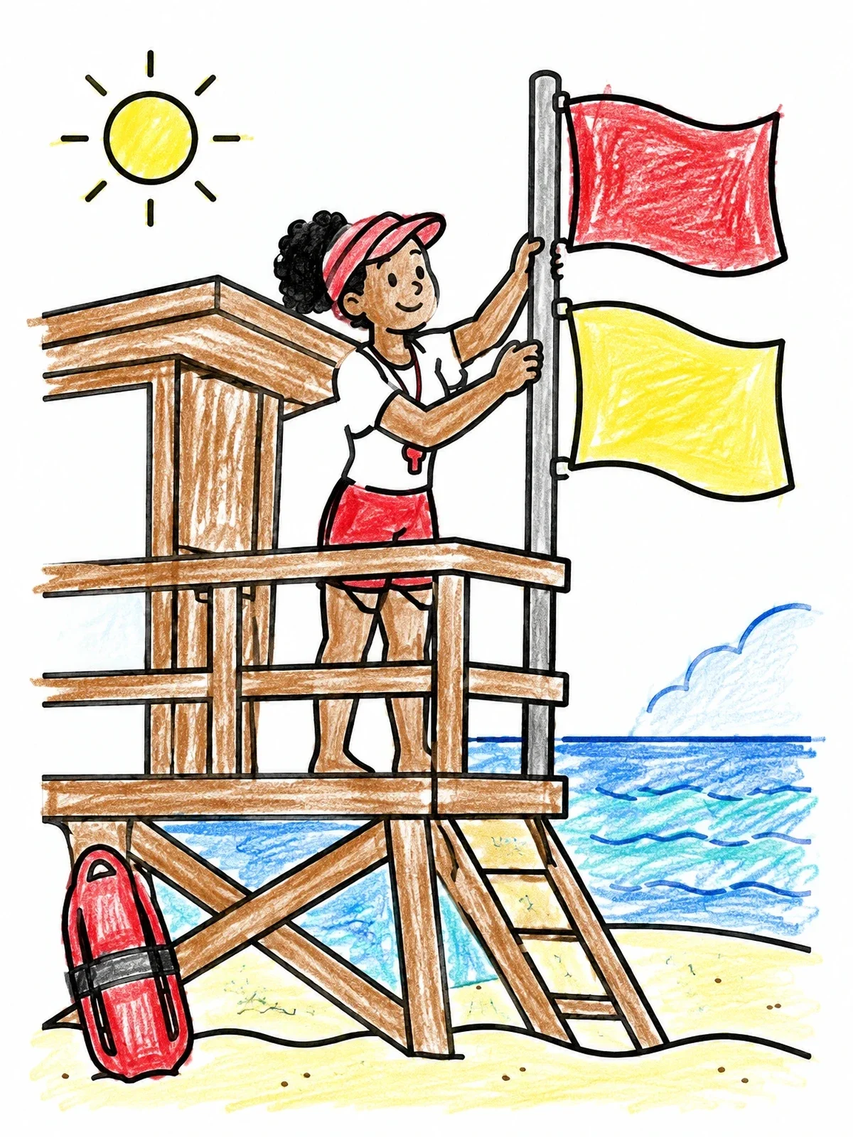 Colored example of the Lifeguard Raising Beach Warning Flags coloring page